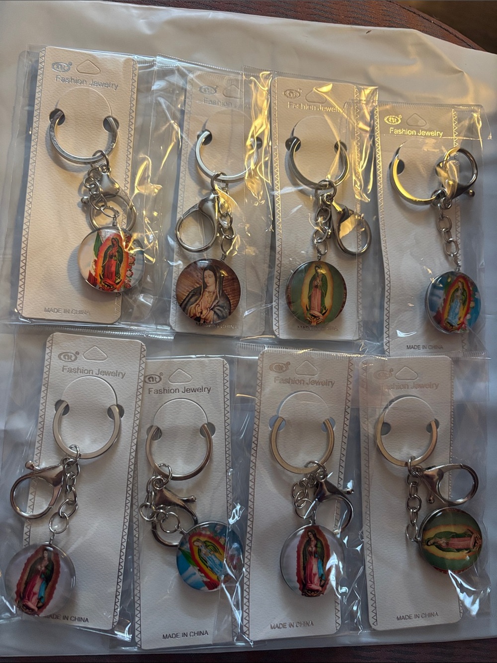 Religious Icon Keychain - Silver Tone Green & Multicolor Accent